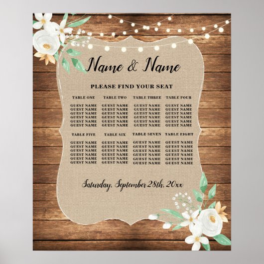 Poster Plan de table de mariage floral blanc 8 places (Devant)