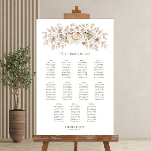 Poster Plan de table de mariage floral blanc à 11 tables