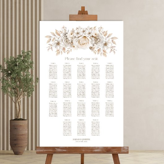 Poster Plan de table de mariage floral blanc pour 18 tabl