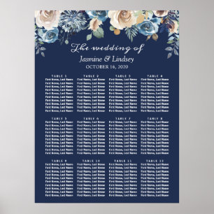Poster Plan de table de mariage floral bleu marine
