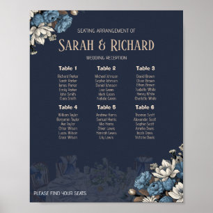 Poster Plan de table de mariage floral bleu marine élégan