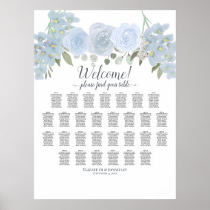 Poster Plan de table de mariage floral bleu poussiéreux 2