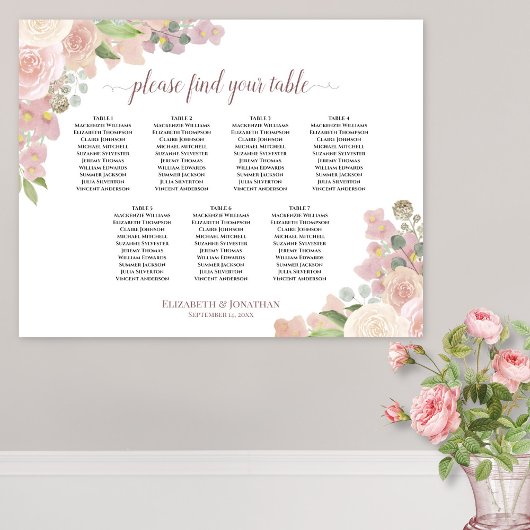Poster Plan de table de mariage floral bohème rose 7 tabl