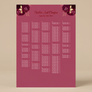 Poster Plan de table de mariage floral bordeaux et or 250