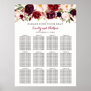 Poster Plan de table de mariage floral bordeaux rouge