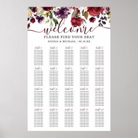 Poster Plan de table de mariage floral burgonde (Devant)