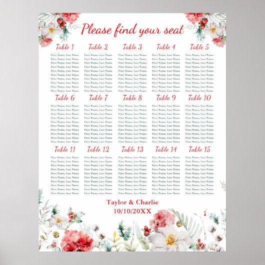 Poster Plan de table de mariage floral d'hiver 15 tables (Devant)