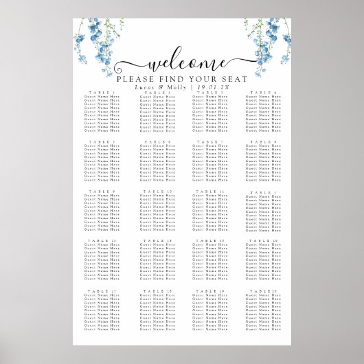 Poster Plan de table de mariage floral français bleu mode (Devant)
