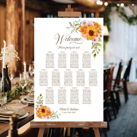 Poster Plan de table de mariage floral jaune rose 13