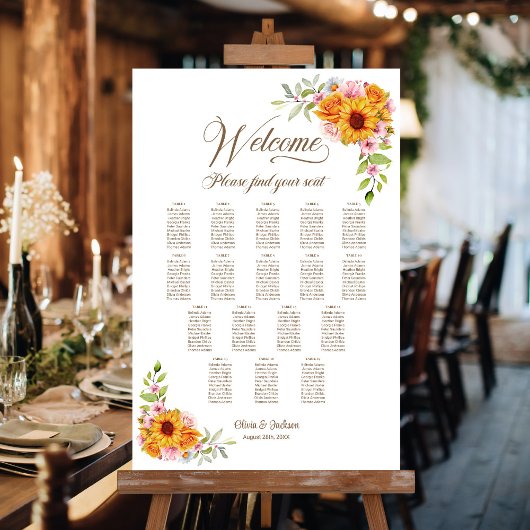 Poster Plan de table de mariage floral jaune rose 17