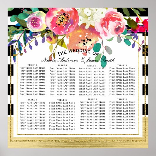 Poster Plan de table de mariage floral moderne noir blanc (Devant)