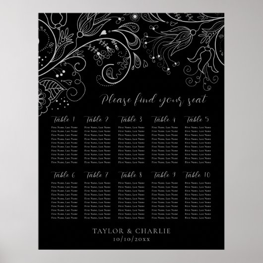 Poster Plan de table de mariage floral noir argenté 10 (Devant)