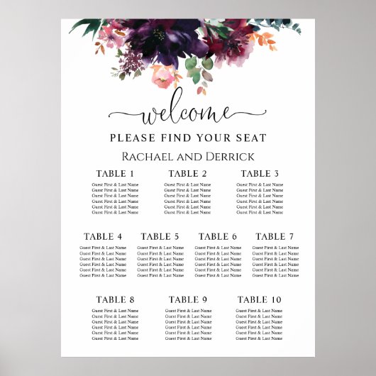 Poster Plan de table de mariage floral profond luxueux (Devant)
