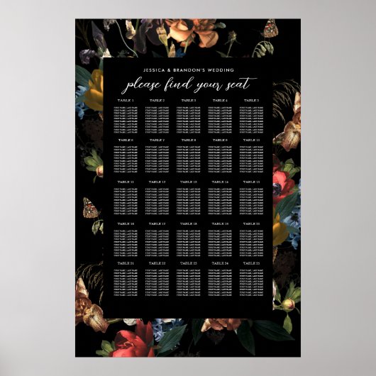 Poster Plan de table de mariage floral romantique sombre  (Devant)