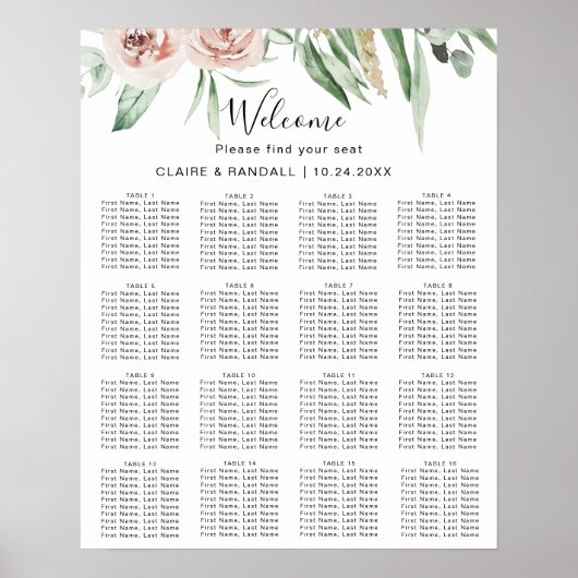 Poster Plan de table de mariage floral rose poudré vert (Devant)