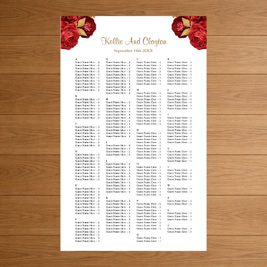 Poster Plan de table de mariage floral rouge et or 200