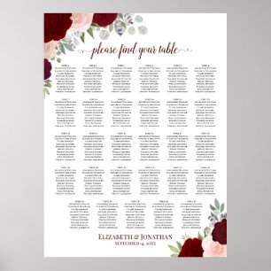 Poster Plan de table de mariage floral rouge et rose pour