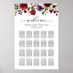 Poster Plan de table de mariage floral rouge et violet Bo