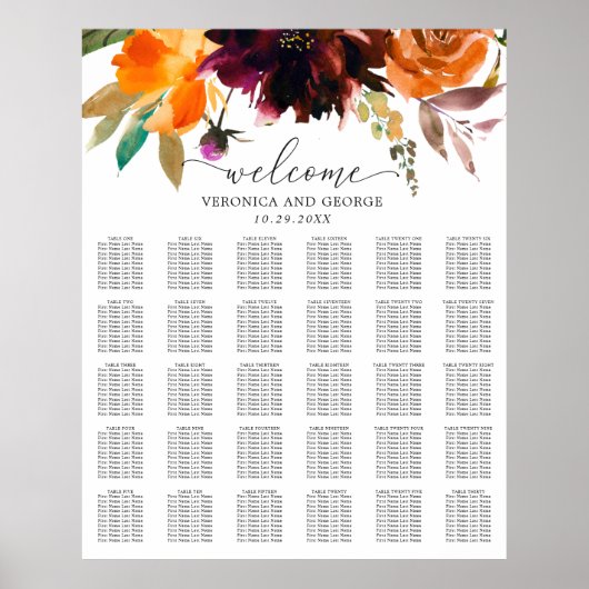 Poster Plan de table de mariage floral rustique d'automne (Devant)