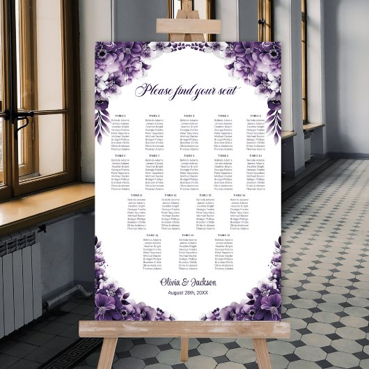 Poster Plan de table de mariage floral violet 17 tables