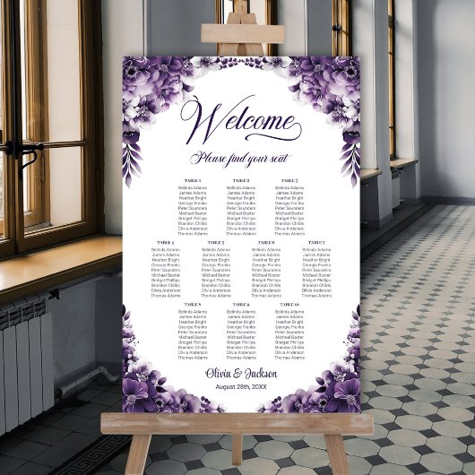 Poster Plan de table de mariage floral violet pour 10 tab