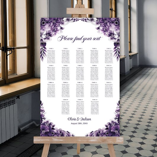 Poster Plan de table de mariage floral violet pour 18 tab