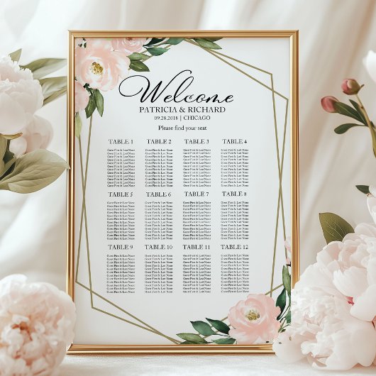 Poster Plan de table de mariage géométrique rose pour 12