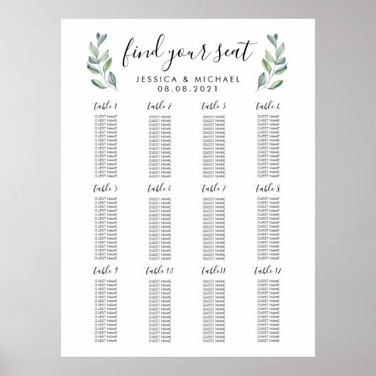 Poster Plan de table de mariage grand format 12 pour 192 (Devant)