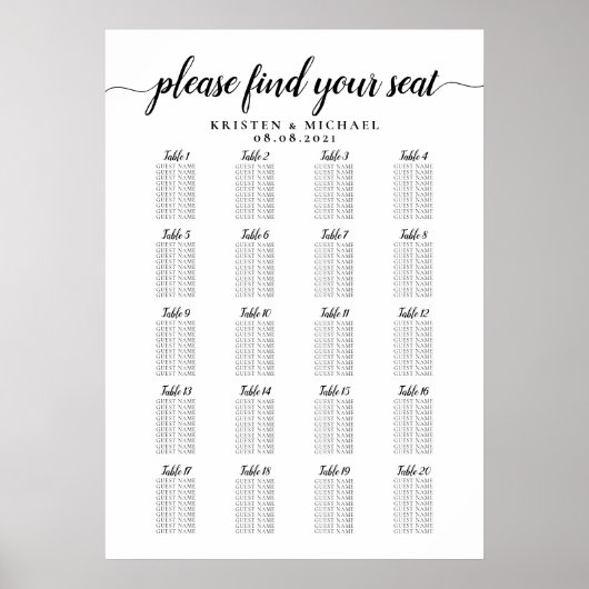 Poster Plan de table de mariage grand format 20 tables (Devant)