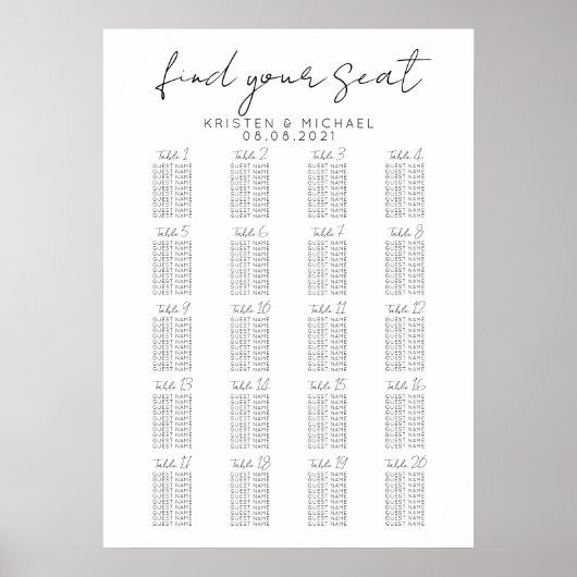 Poster Plan de table de mariage grand format 20 tables (Devant)