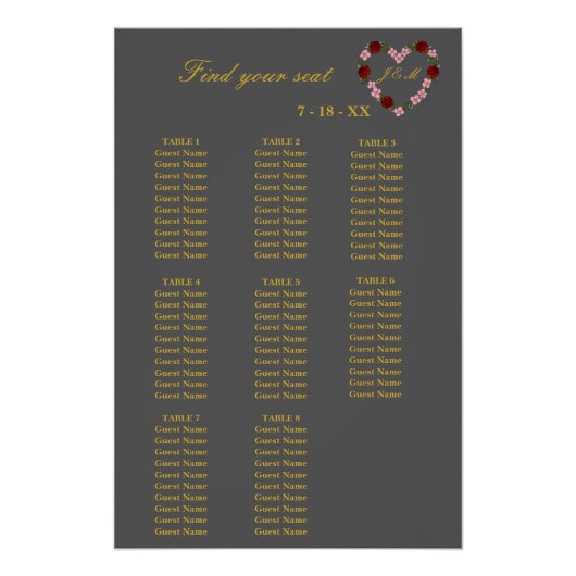 Poster Plan de table de mariage gris 8 tables (Devant)