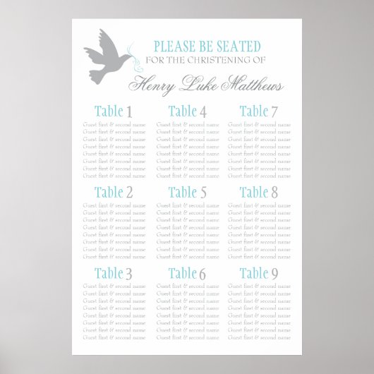 Poster Plan de table de mariage gris colombe bleu aqua 1- (Devant)