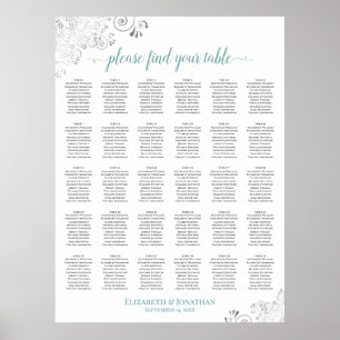 Poster Plan de table de mariage Lacy Silver & Teal 30
