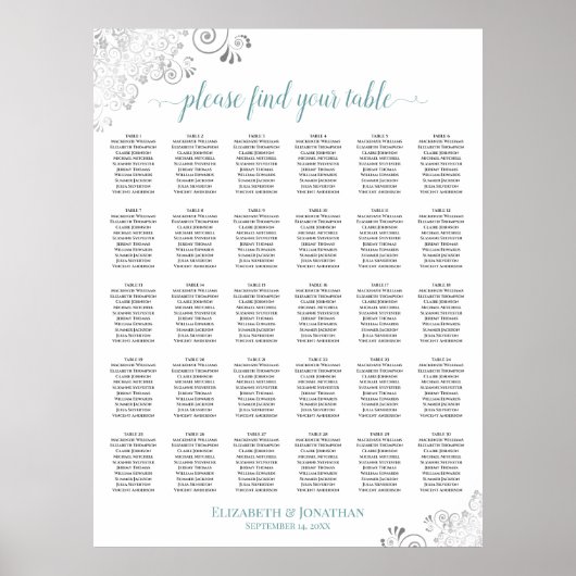 Poster Plan de table de mariage Lacy Silver & Teal 30 (Devant)