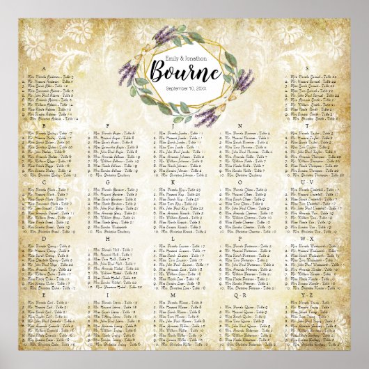 Poster Plan de table de mariage lavande or et violet (Devant)