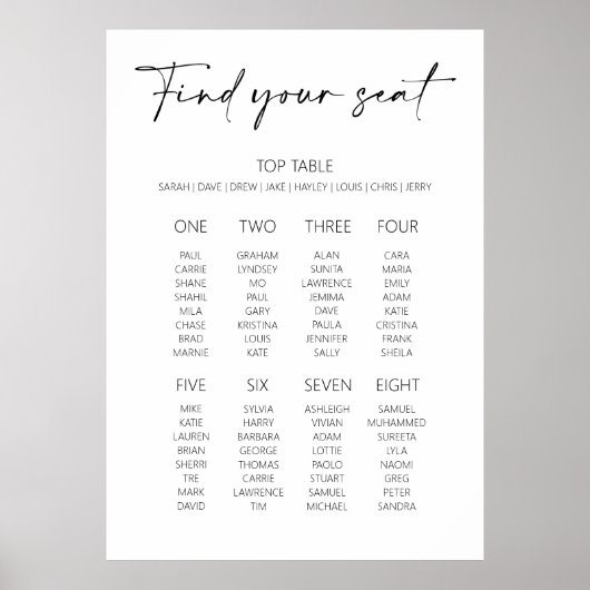 Poster Plan de table de mariage minimal éditable (Devant)