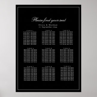 Poster Plan de table de mariage minimaliste moderne noir