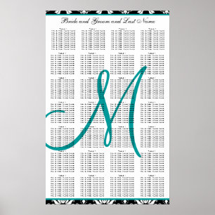 Poster Plan de table de mariage modèle damas sarcelle