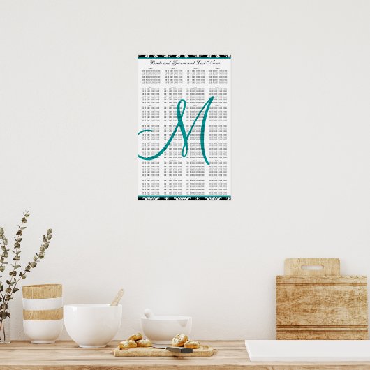 Poster Plan de table de mariage modèle damas sarcelle (Cuisine)