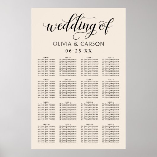 Poster Plan de table de mariage moderne crème et noir écr (Devant)