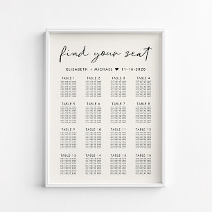 Poster Plan de table de mariage moderne crème pour 16 tab