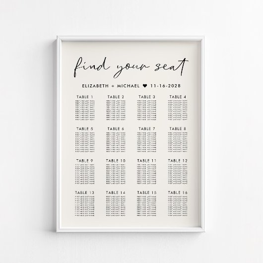 Poster Plan de table de mariage moderne crème pour 16 tab
