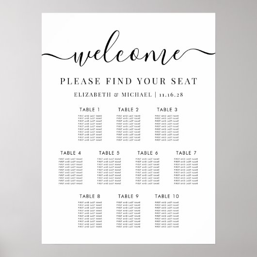 Poster Plan de table de mariage moderne pour 10 tables (Devant)
