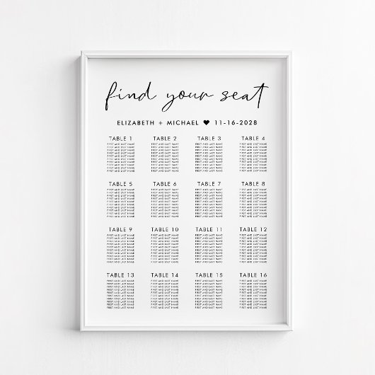 Poster Plan de table de mariage moderne pour 16 tables