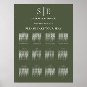 Poster Plan de table de mariage Monogramme Vert Olive