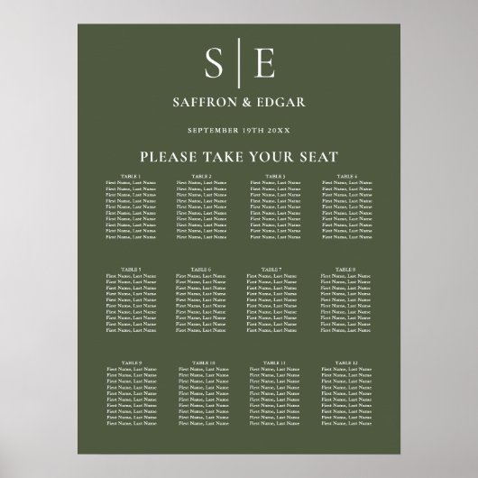 Poster Plan de table de mariage Monogramme Vert Olive (Devant)