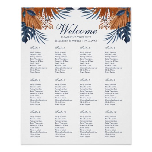 Poster Plan de table de mariage Monstera bleu minuit (Devant)