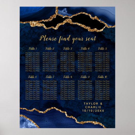 Poster Plan de table de mariage Navy Gold Agate 10 tables (Devant)