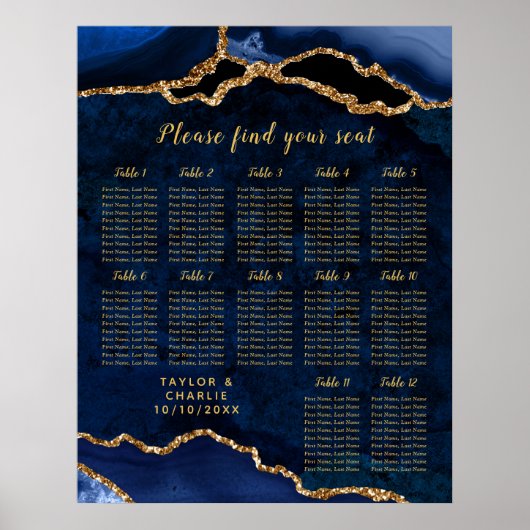 Poster Plan de table de mariage Navy Gold Agate 12 tables (Devant)