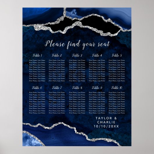 Poster Plan de table de mariage Navy Silver Agate 10 tabl (Devant)
